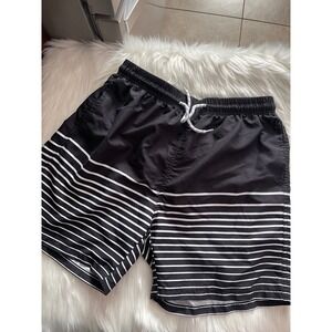 Swim Trunks Men's L  Large Black White Striped Elastic Drawstring Pockets Lined